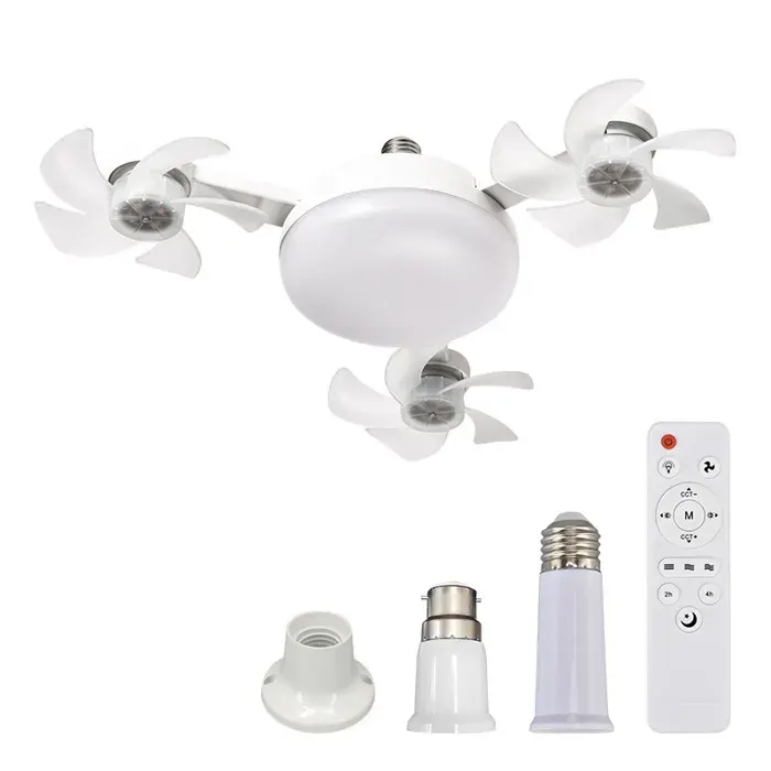 LED Ventilateur Plafond avec Lumiere 3 Fan têtes Lampe Ventilateur Plafonnier et TélécommandeAvec socle 2 tiges dextensionBlanc