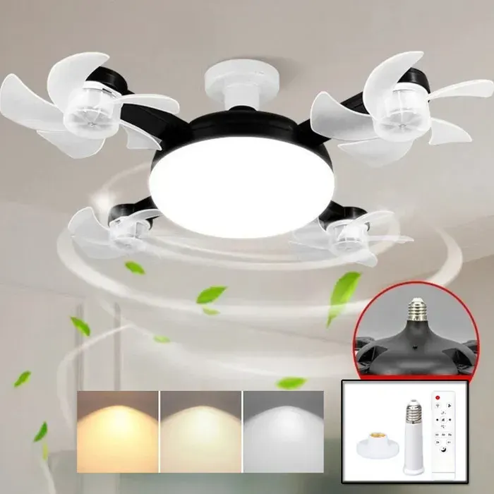LED Ventilateur Plafond avec Lumiere4 Fan têtes Lampe Ventilateur Plafonnier et Télécommande Socle Tige d’extension3 VitessesNoir
