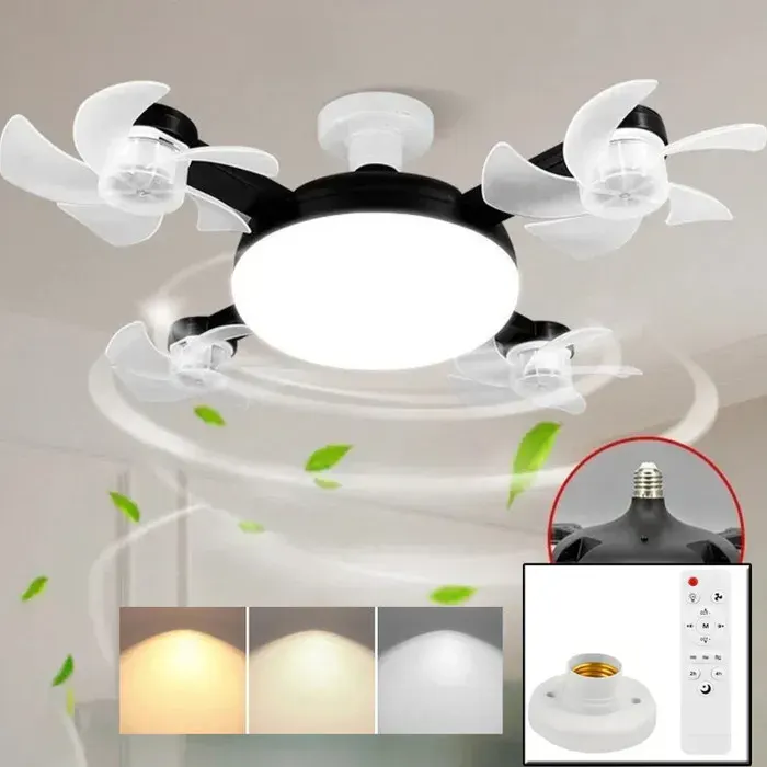 LED Ventilateur Plafond avec Lumiere4 Fan têtes Lampe Ventilateur Plafonnier et Télécommande Socle3 Vitesses3 CouleursNoir