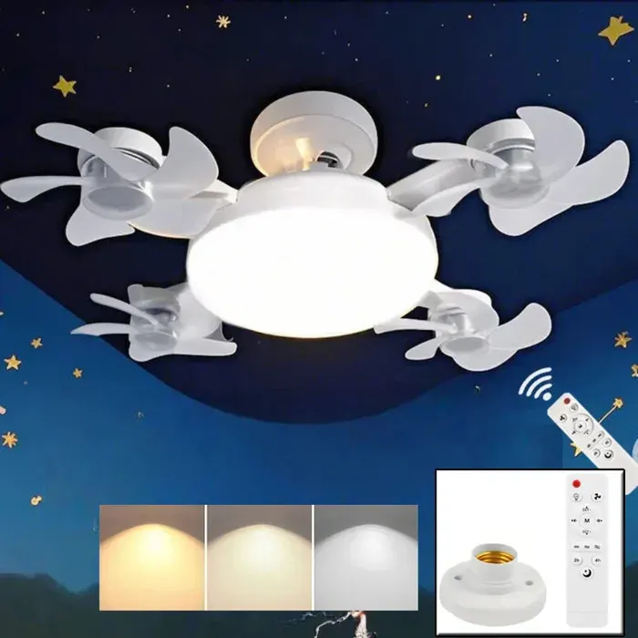 LED Ventilateur Plafond avec Lumiere4 Fan têtes Lampe Ventilateur Plafonnier et Télécommande Socle3 Vitesses3 CouleursBlanc