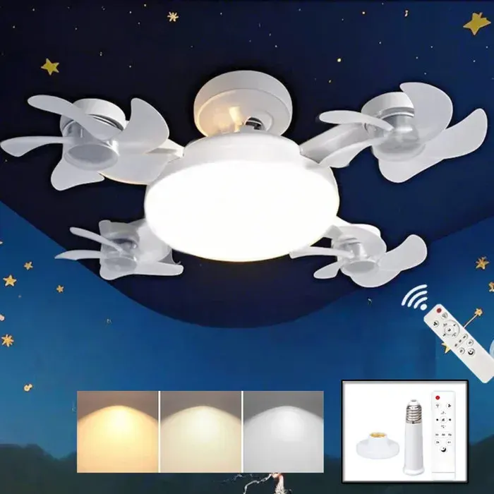 LED Ventilateur Plafond avec Lumiere4 Fan têtes Lampe Ventilateur Plafonnier Télécommande Socle Tige d’extension3 VitessesBlanc