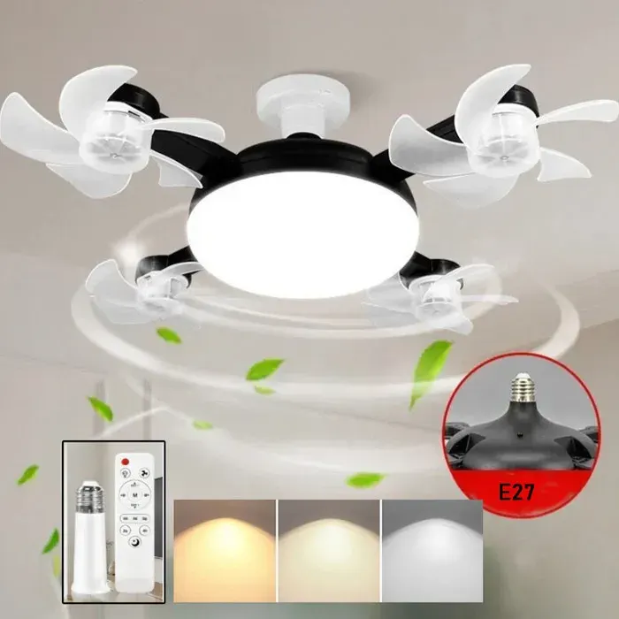LED Ventilateur Plafond avec Lumiere4 Fan têtes Lampe Ventilateur Plafonnier Télécommande Tige d’extension3 VitessesNoir