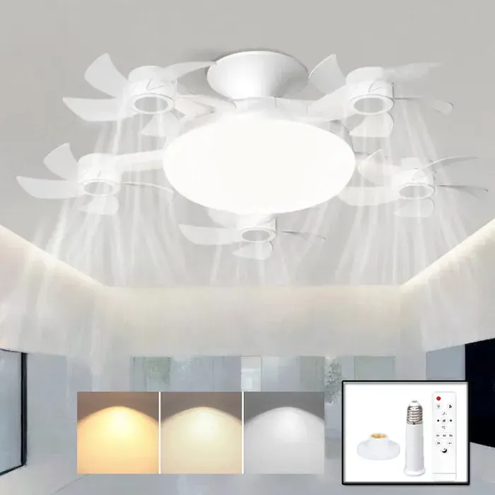 LED Ventilateur Plafond avec Lumiere5 Fan têtes Lampe Ventilateur Plafonnier et Télécommande Socle Tige d’extension3 VitessesNoir