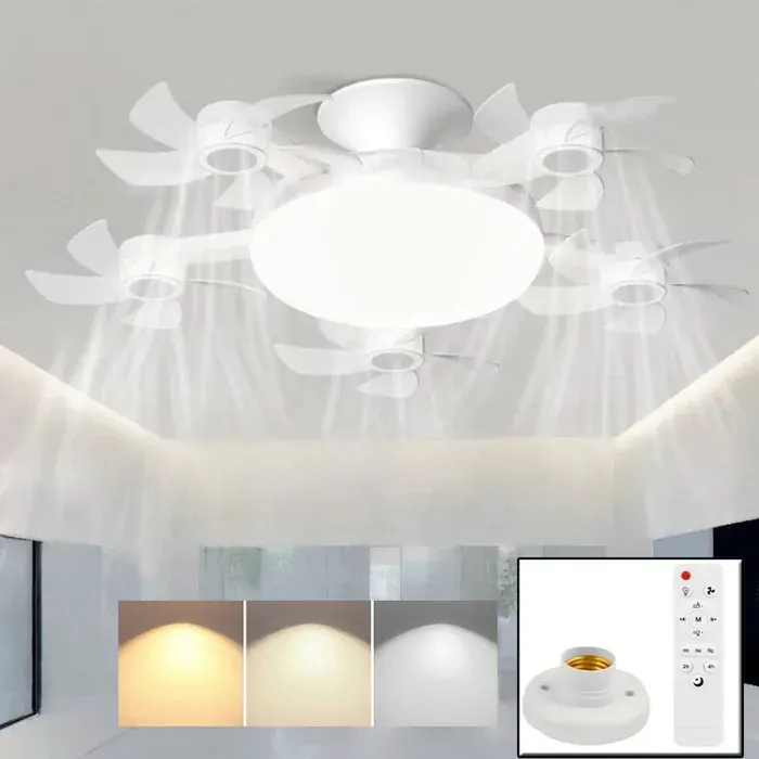 LED Ventilateur Plafond avec Lumiere5 Fan têtes Lampe Ventilateur Plafonnier et Télécommande Socle3 Vitesses3 CouleursBlanc