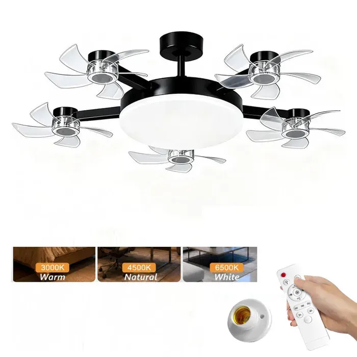 LED Ventilateur Plafond avec Lumiere5 Fan têtes Lampe Ventilateur Plafonnier et Télécommande Socle3 Vitesses3 CouleursNoir