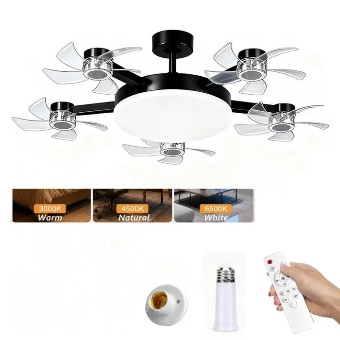 LED Ventilateur Plafond avec LumiereNoir 5 Fan têtes Lampe Ventilateur Plafonnier et Télécommande Socle Tige d’extension3 Vitesses