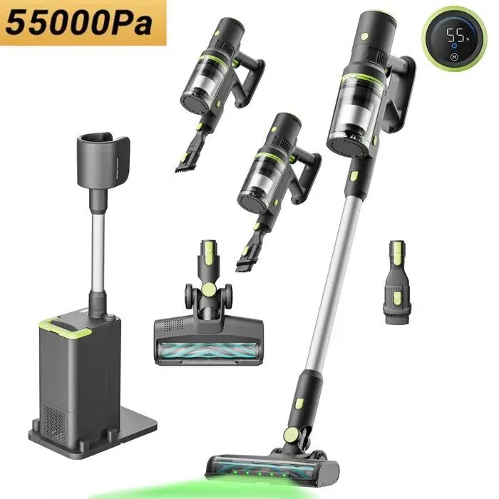Lefant BS002 Aspirateur Balai sans Fil avec station de Vidage Automatique 2L 55KPa 50min Brosse lumière verte Anti‑poils animaux