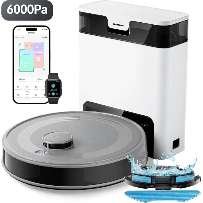 Lefant M2 Pro Aspirateur Robot Laveur avec Station sans Sac 2.7L - 6000Pa - 140min - Sec/humide 2 en 1Alexa/Google Home/iWatchGris