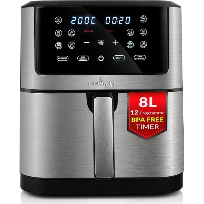 Lehmann Friteuse à air chaud 8L XXL 1800W 10 programmes écran tactile déshydratation