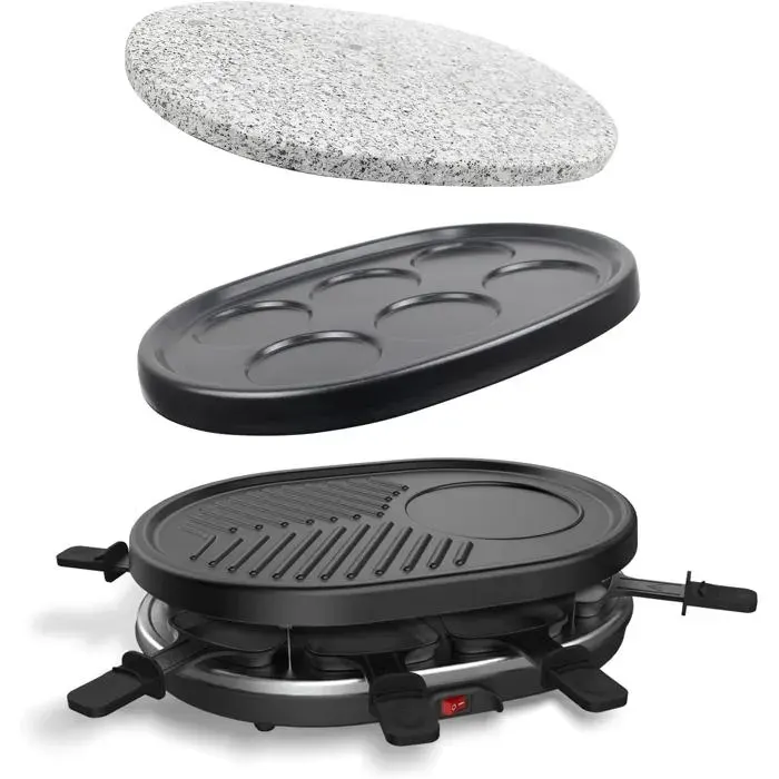 Leogreen Appareil à Raclette 4 en 1 8 personnes 900W avec 8 poêlons et plaque à crêpes