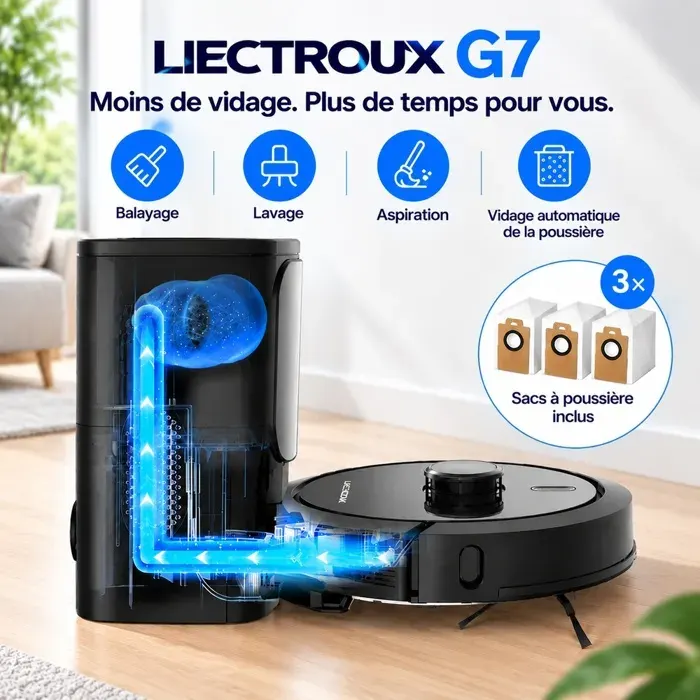 LIECTROUX G7 Aspirateur robot 4 en 1 avec Collecteur automatique de poussières - Aspiration et lavage 6500 Pa - Navigation Laser