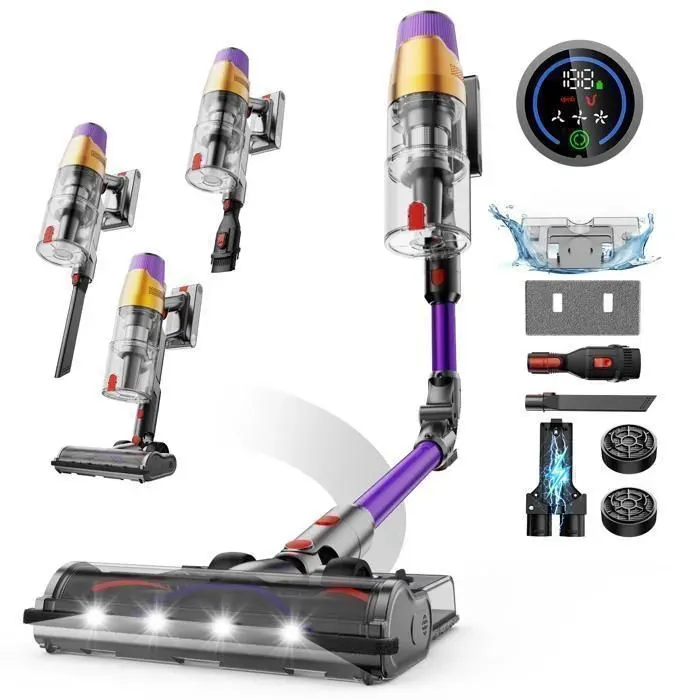 Linkifly A12 Aspirateur Balai sans Fil 48Kpa/550W/70Min/8 en 1 Écran Tactile Pliable LED 15L Poils d’animaux