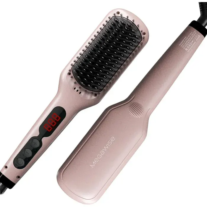 Lisseur à cheveux avec brosse en céramique Fer plat double tension anti-brûlureCordon rotatifArrêt automatiqueAnti-frisottisRose