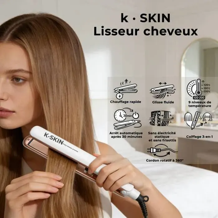 Lisseur à cheveux - K.SKIN - KD280 - Ionique 20M dions - Plaques céramique flottantes - 9 temp. 120-200°C — coloris Blanc