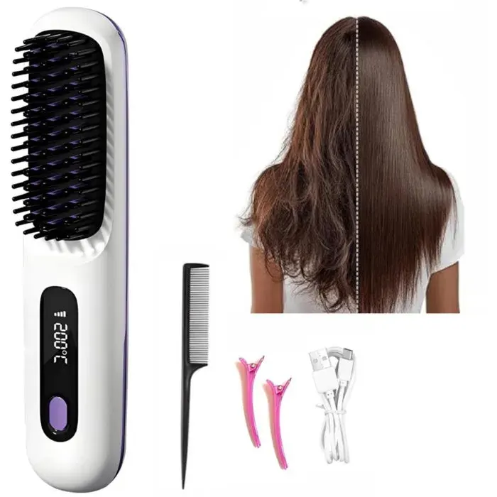 Lisseur à cheveux sans fil - Fer à boucler - Compact et portable - Avec écran LED - Anti-brûlure - Mini - Brosse chauffante - Femme