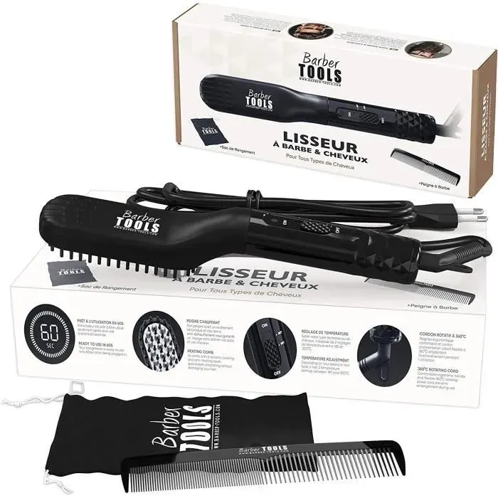 Lisseur Barbe 2 en 1 - Brosse Lissante - Revêtement Céramique - 2 Réglages de Température - Noir