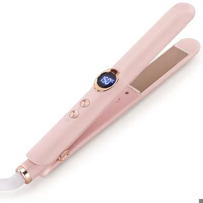 Lisseur boucleur 2 en 1 écran LED plaques céramique chauffe rapide 12 réglages 150-210°C rose