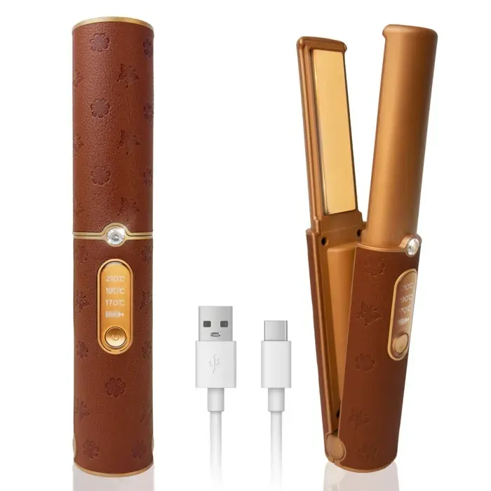 Lisseur boucleur 2 en 1 sans fil 5000mAh cuir marron gravé compact voyage 3 températures chauffage rapide arrêt auto soin titane USB