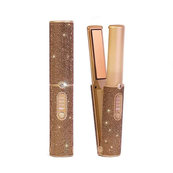 Lisseur boucleur 2 en 1 sans fil 5000mAh doré strass compact voyage 3 températures chauffage rapide arrêt auto soin titane USB