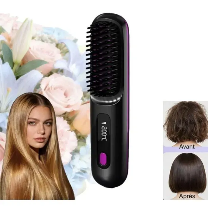 LISSEUR Brosse Chauffante Pour Cheveux Court Brosse Cocooning Chauffante Brosse Lissante Sans Fil Anti-BrûLure Avec éCran Led BAUME