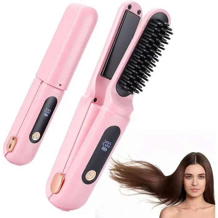 Lisseur-Brosse lissante sans fil-Brosse lissante portable avec affichage LCD de la température-Brosse à cheveux électrique-Rose