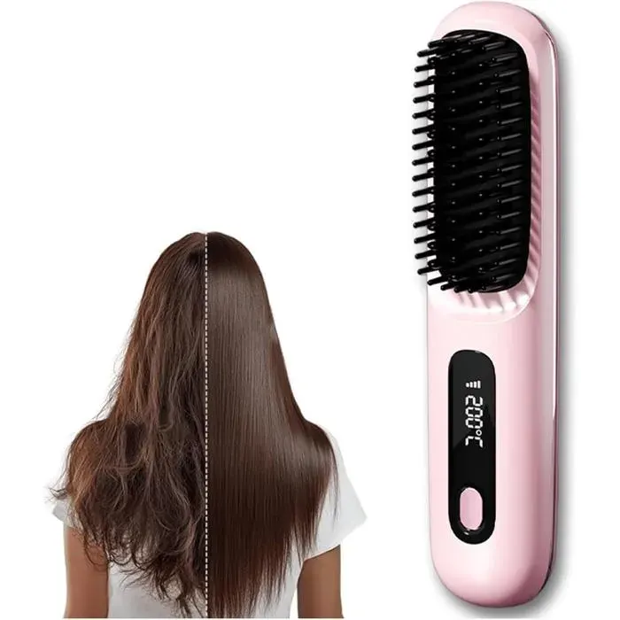 Lisseur Brosse Sans Fil 2026 Écran LCD Chauffage Rapide Mini Voyage Cheveux Courts Outil Coiffure Femme Rose