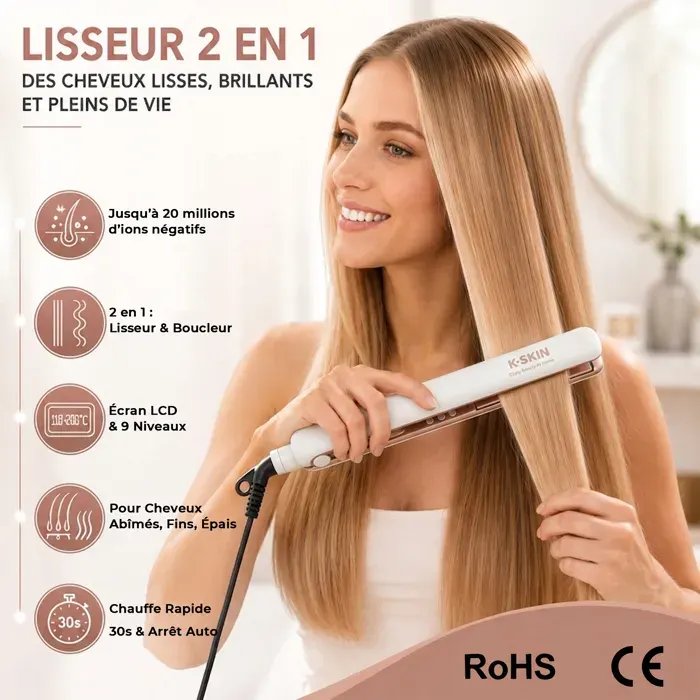 Lisseur Cheveux 2 en 1 Fer à Lisser - 20M Ions Négatifs - 9 Températures 110-200°C LCD - Chauffe 30s Arrêt Auto - K.SKIN