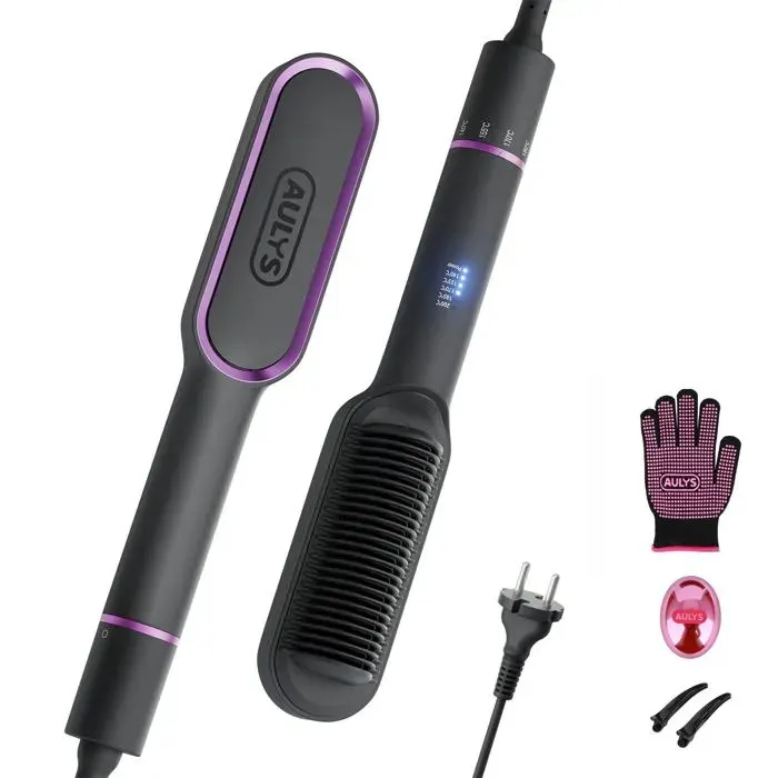 Lisseur Cheveux Céramique Brosse Lissante Chauffant Avec 25s PTC Chauffage Fer à Lisser Peigne avec 5 Températures Ajustables (1