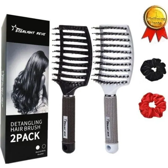 Lisseur Cheveux Profession Brosse lissante KENLUMO poils de sanglier Meilleure pour démêlage de cheveux épai et démêlant Noir Blanc
