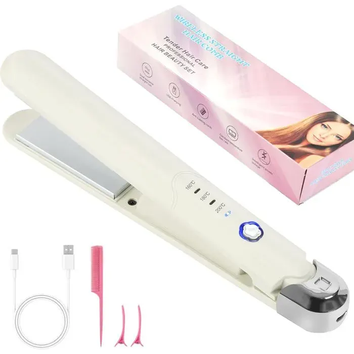 Lisseur Cheveux Sans Fil 2 en 1 Lisseur et Boucleur avec Plaques Céramique 3 Températures 160-200°C Rechargeable Portable