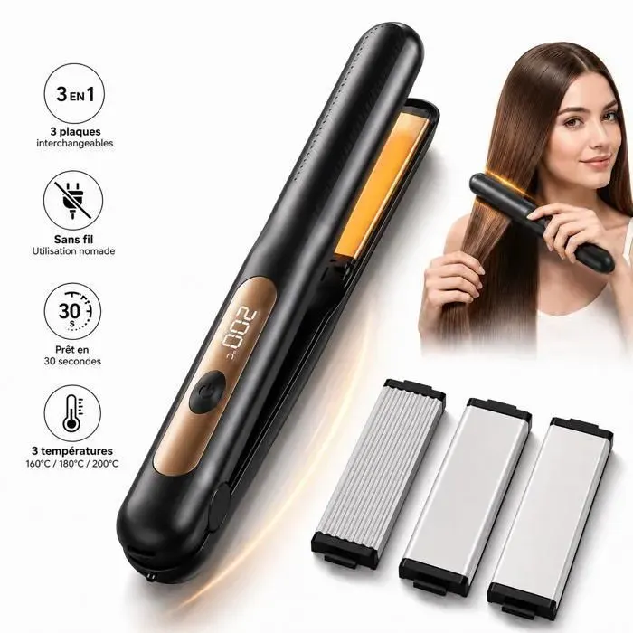 Lisseur Cheveux Sans Fil 3 en 1 Fer à Lisser Boucleur USB-C 3 Plaques Interchangeables Chauffe 30 s 160–200 °C 3000 mAh