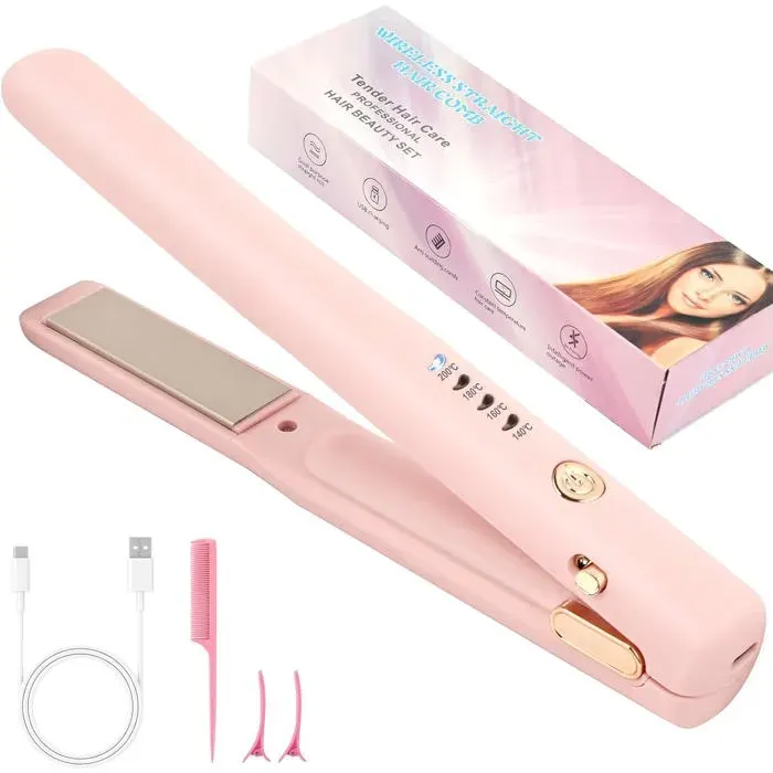 Lisseur Cheveux Sans Fil Portable 4 Températures 140-200°C Lisseur 2 en 1 avec Plaques Céramique Rechargeable Voyage et Coiffure