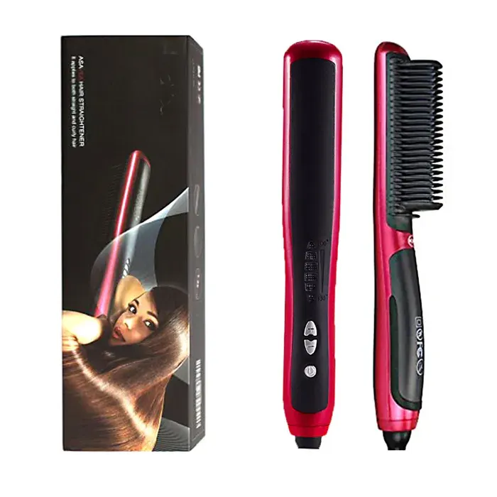 Lisseur de barbe professionnel multifonctionnelpeigne de coiffurebrosse à lisserfer à repasser électrique- red with box