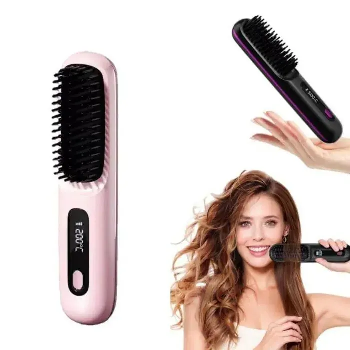 LISSEUR-PINCE-FER A LISSE Brosse Cheveux Courts Lissante Rechargeable Portable avec Affichage LCD Volume Coiffe en 2 Minutes BAUME