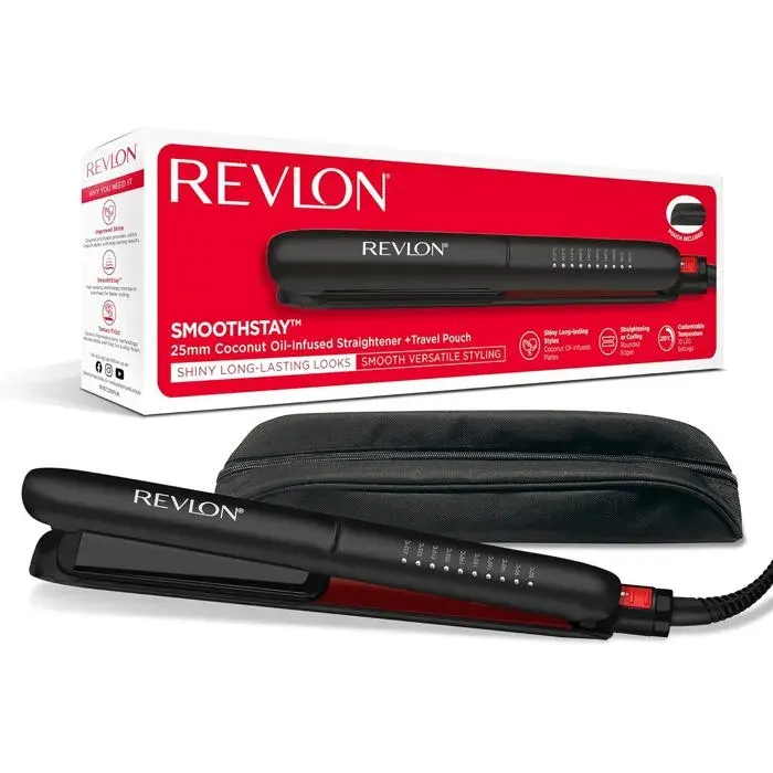 Lisseur Revlon SmoothStay 25mm infusé à l’huile de coco (pochette de voyageplaques à triple revêtement céramiquePlaques