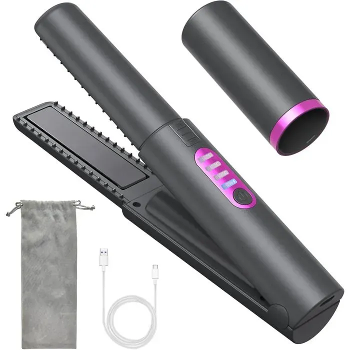 Lisseur sans fil fer à boucler 2 en 1 mini lisseur de voyage chauffe rapide 3 températures réglables rechargeable par USB-C