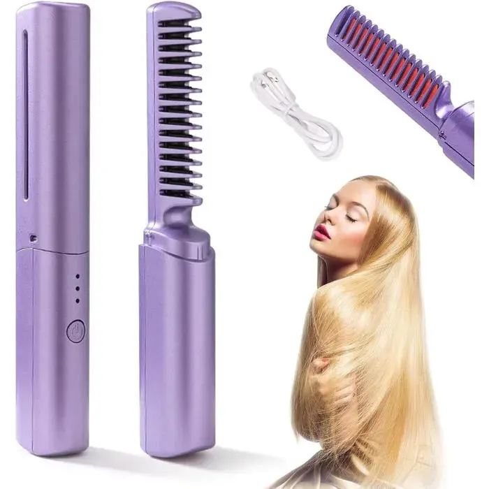 Lisseur Sans fil2 en 1 Brosse à Lisser Chaude RechargeableLisseurs Voyage PortablesMini fer à Lisser Sans filMini BrosseViolet