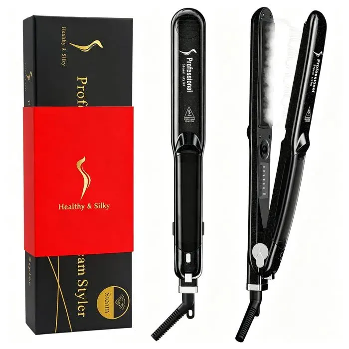 Lisseur vapeur professionnel - 2 en 1 lissage bouclage - Céramique tourmaline - Double tension LED 6 températures 150-235°C - Noir