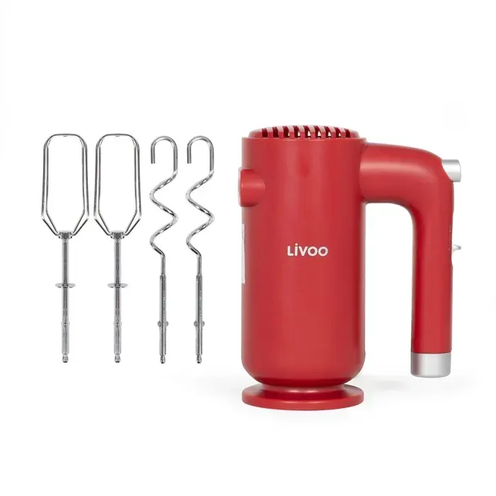LIVOO Mixeur Batteur Rouge 250W — 5 vitesses + Turbo 2 fouets & 2 pétrisseurs