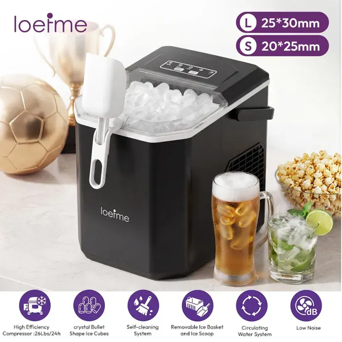 LOEFME Machine à glaçons 1.2L-9 Glaçons en 6 min 12kg/24h- autonettoyante silencieuse deux tailles de glace,Avec support