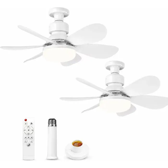 Lot de 2 Ventilateurs Plafond E27 - VELUNOR - 52cm Blanc 40W - Télécommande 3 Vitesses 6 Pales Silencieux Éclairage