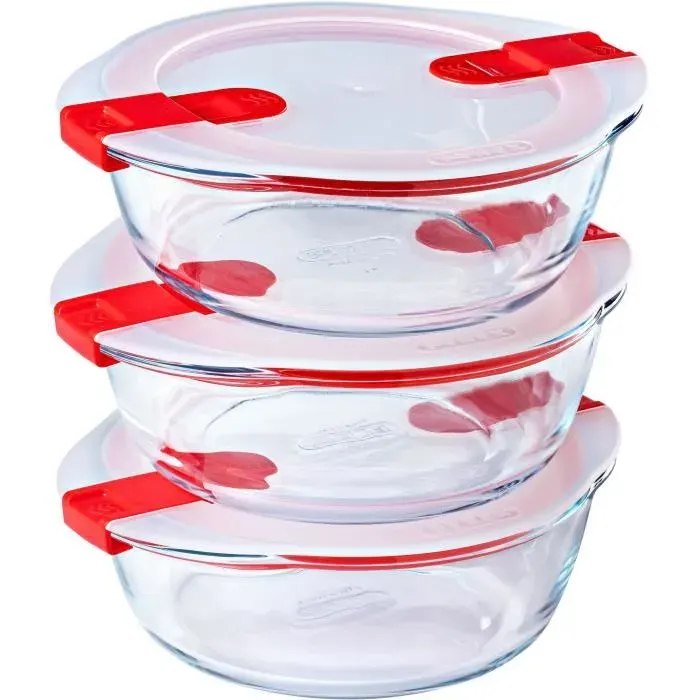 Lot de 3 lunch box - PYREX - Cook & Heat - Verre - Rond - Couvercle à valves vapeur spécial micro-onde - 11 L