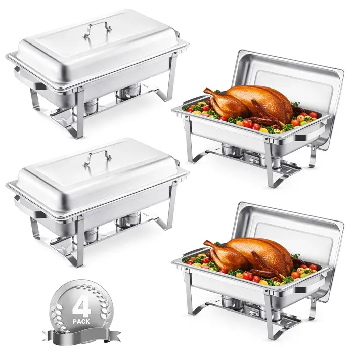 Lot de 4 Chauffe-Plat 75 L - DUOKU - Buffet de Réchauds Rectangulaire- Acier Inoxydable - 4 Bacs Pleine Taille et Couvercle