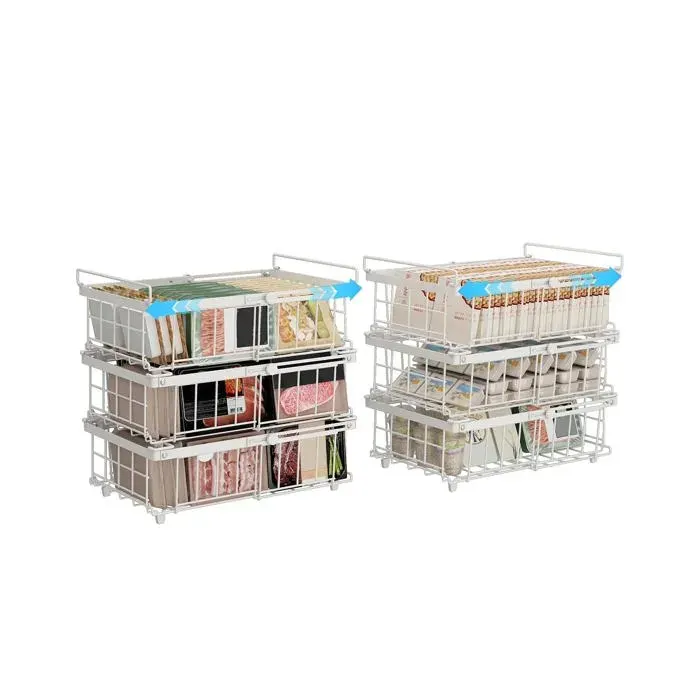 Lot de 6 paniers de congélation empilables - fil métallique blanc poignée pratique pour rangement alimentaire au congélateur