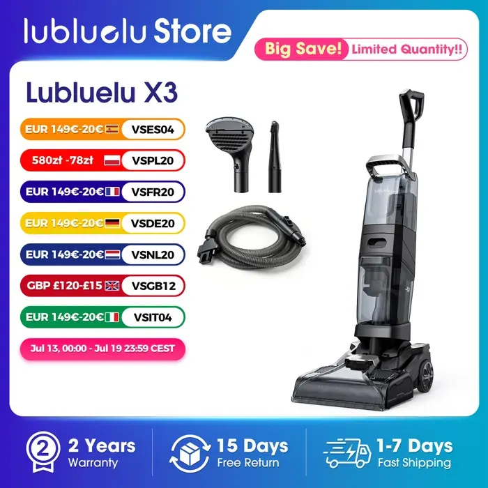 Lubluelu X3 Nettoyeur de Tapis et Tissus Compact 1000W 18.5kPa Double Brosse Réservoir 4L Séchage par Chaleur