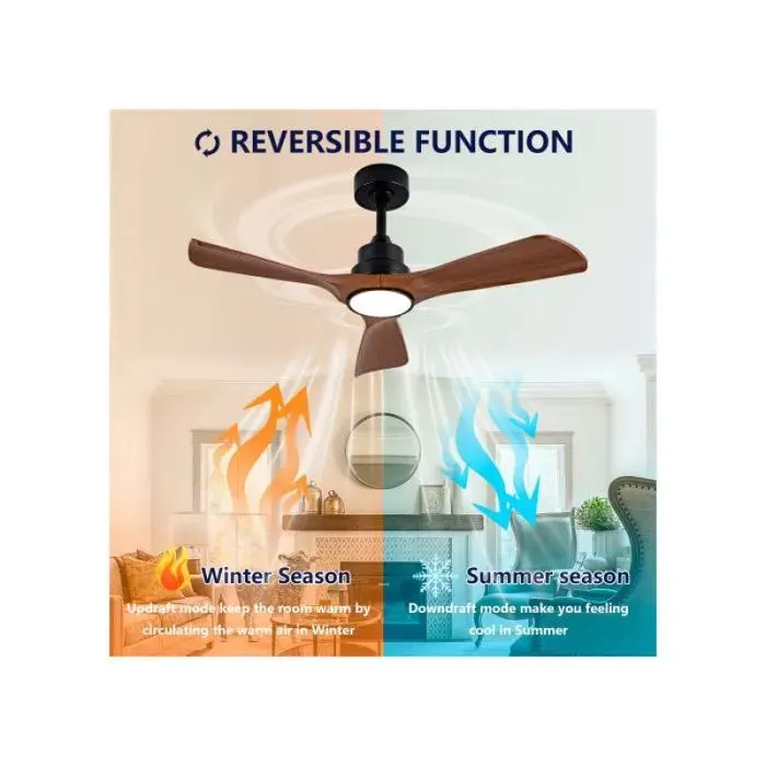 Lustre ventilateur 106 cm avec télécommande lumière LED moteur DC réversible silencieux mémoire noir et noyer foncé