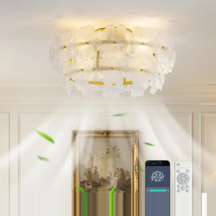 Lustre ventilateur 19 pouces capot cristal en verre pales ABS moteur DC économe 6 vitesses réglables