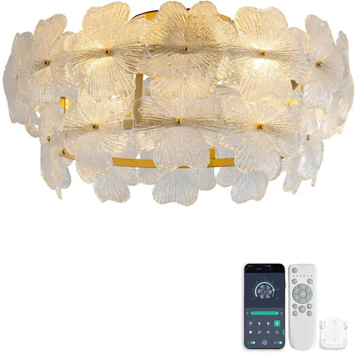 Lustre ventilateur de plafond en cristal fleur moteur DC silencieux 6 vitesses télécommande et app été/hiver réversible
