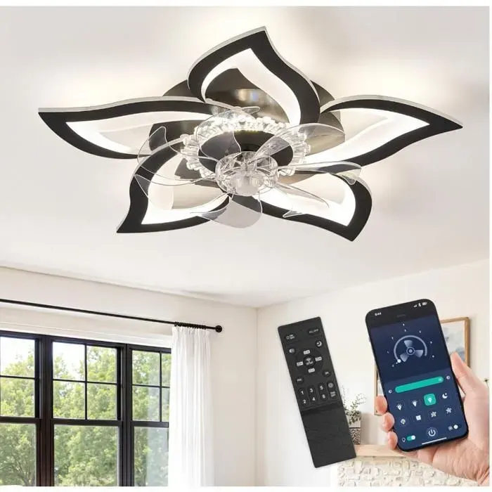 Lustre Ventilateur de Plafond Plafonnier Ventilateur Silencieux Floral 69cm Moteur CC Inversible 6 Vitesses2 pca