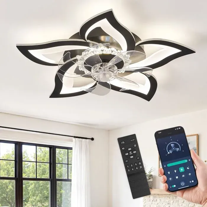 Lustre Ventilateur de PlafondPlafonnier Ventilateur Silencieux Floral 69cmMoteur CC Inversible 6 VitessesLED DimmableBlanc